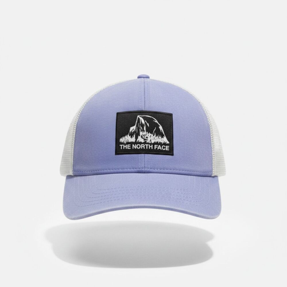The North Face Trucker Hat Purple White Mesh FlexFit Stretch Cap Mountain Patch